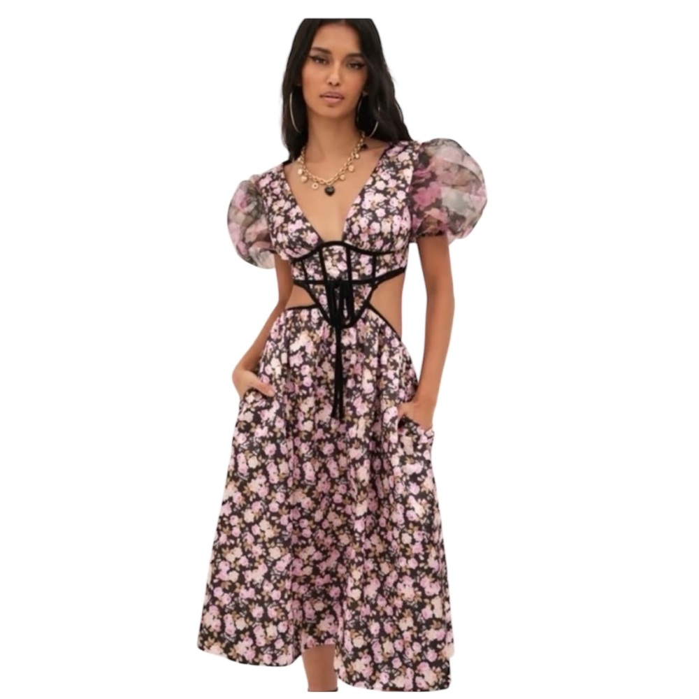 For Love & Lemons Pink Black Floral Puff-Sleeve Midi Dress